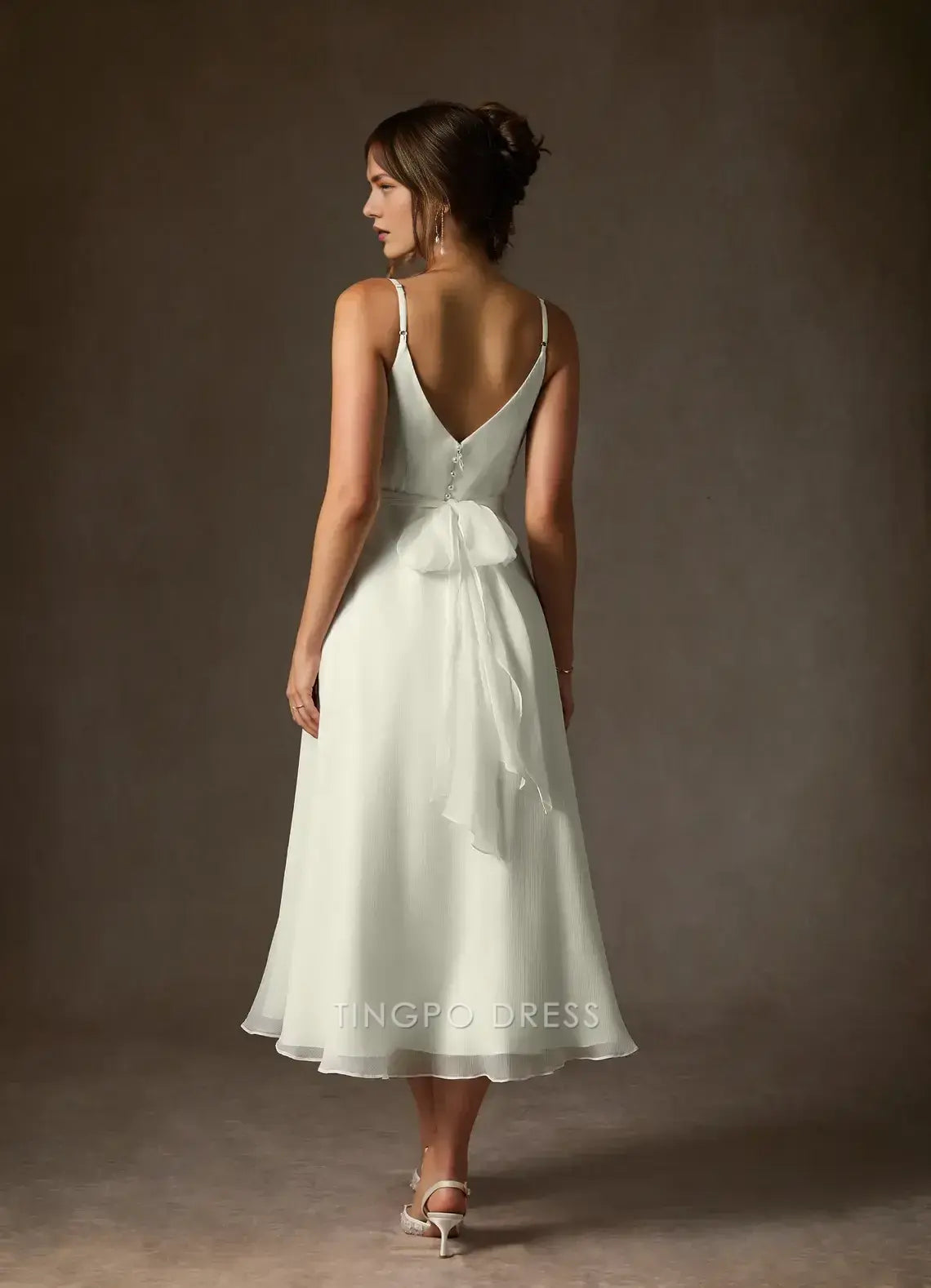 Elegant Spaghetti Strap Surplice Bodice Chiffon Midi Dress with Back Bow Prom Dress